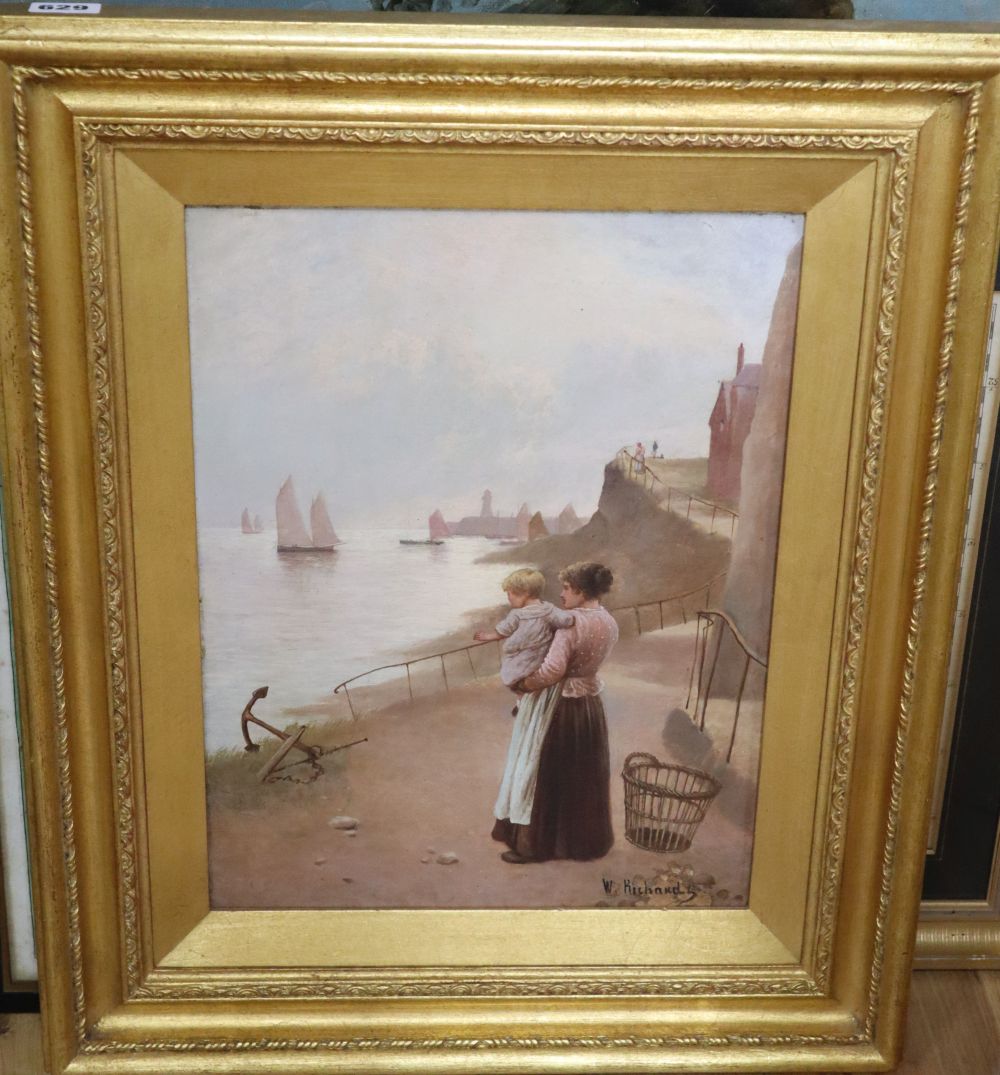 W. Richards (19th C.), oil on canvas, Awaiting the return of the fleet, signed, 40 x 30cm